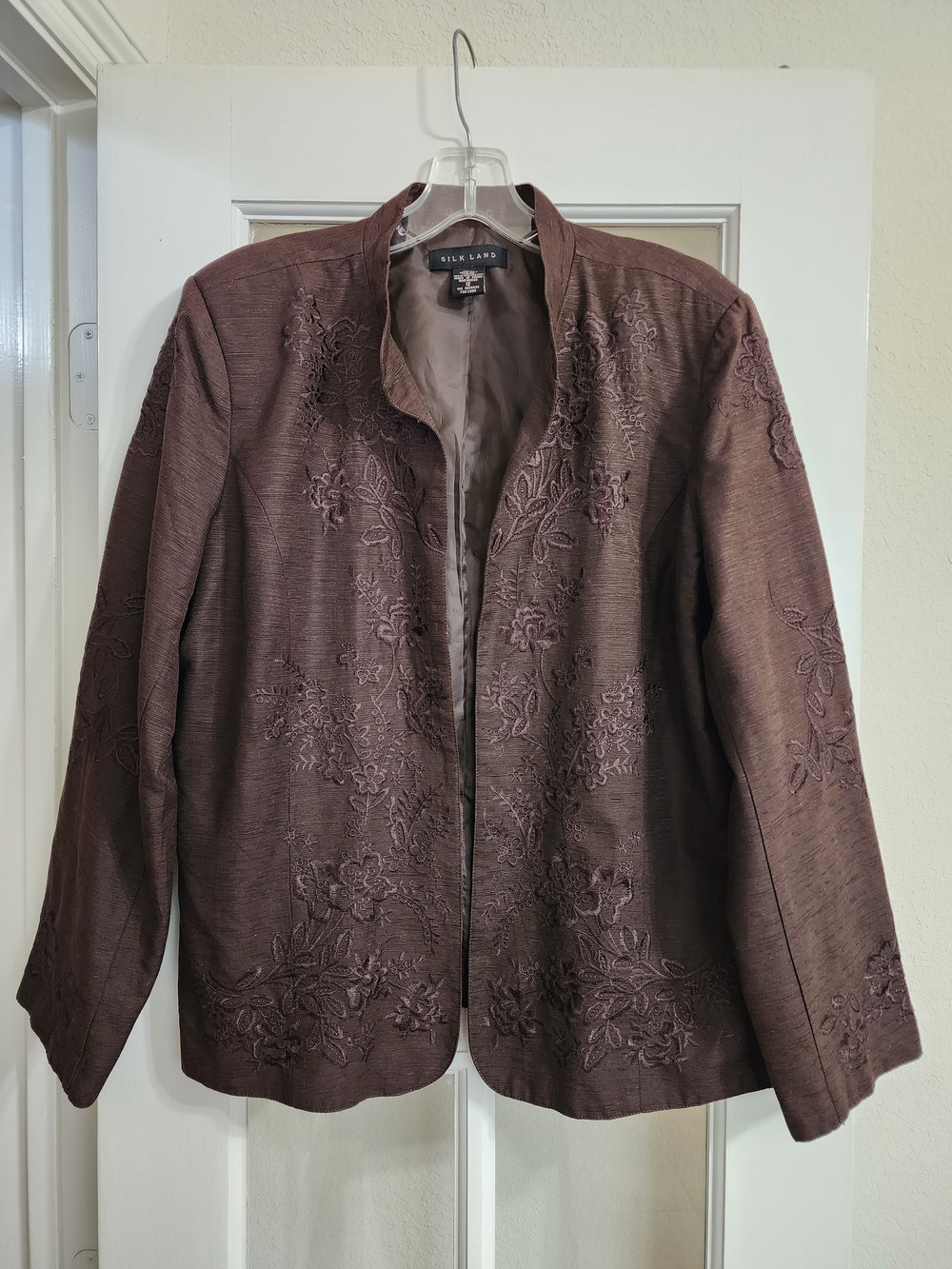Silk Land 100% Silk Embroidered Open Front Jacket Brown Size 12